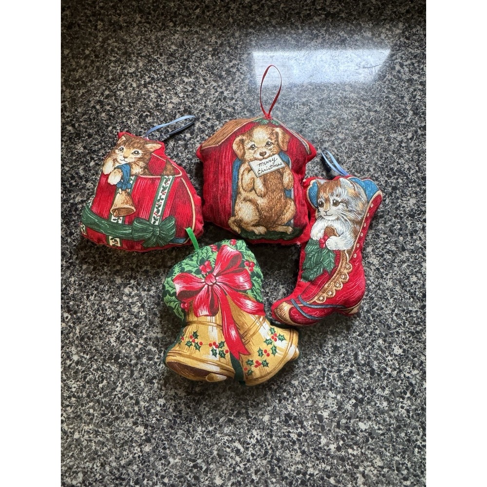 Vintage Cat/ Dog Stuffed Fabric Christmas Ornaments Handmade Vintage 1980